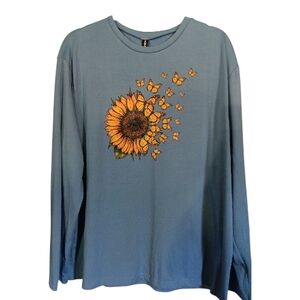 ZNORACORA Blue Long Sleeve Sunflower and Butterfly Design Tee Shirt SZ XXLarge